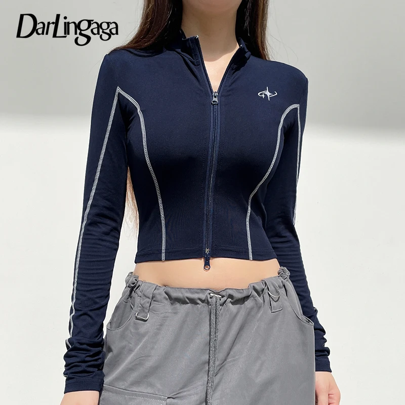 

Darlingaga Streetwear Fitness Stripe Stitch Long Sleeve Tee Zip Up Embroidery Autumn T-shirts Women Casual Sporty Cropped Tops