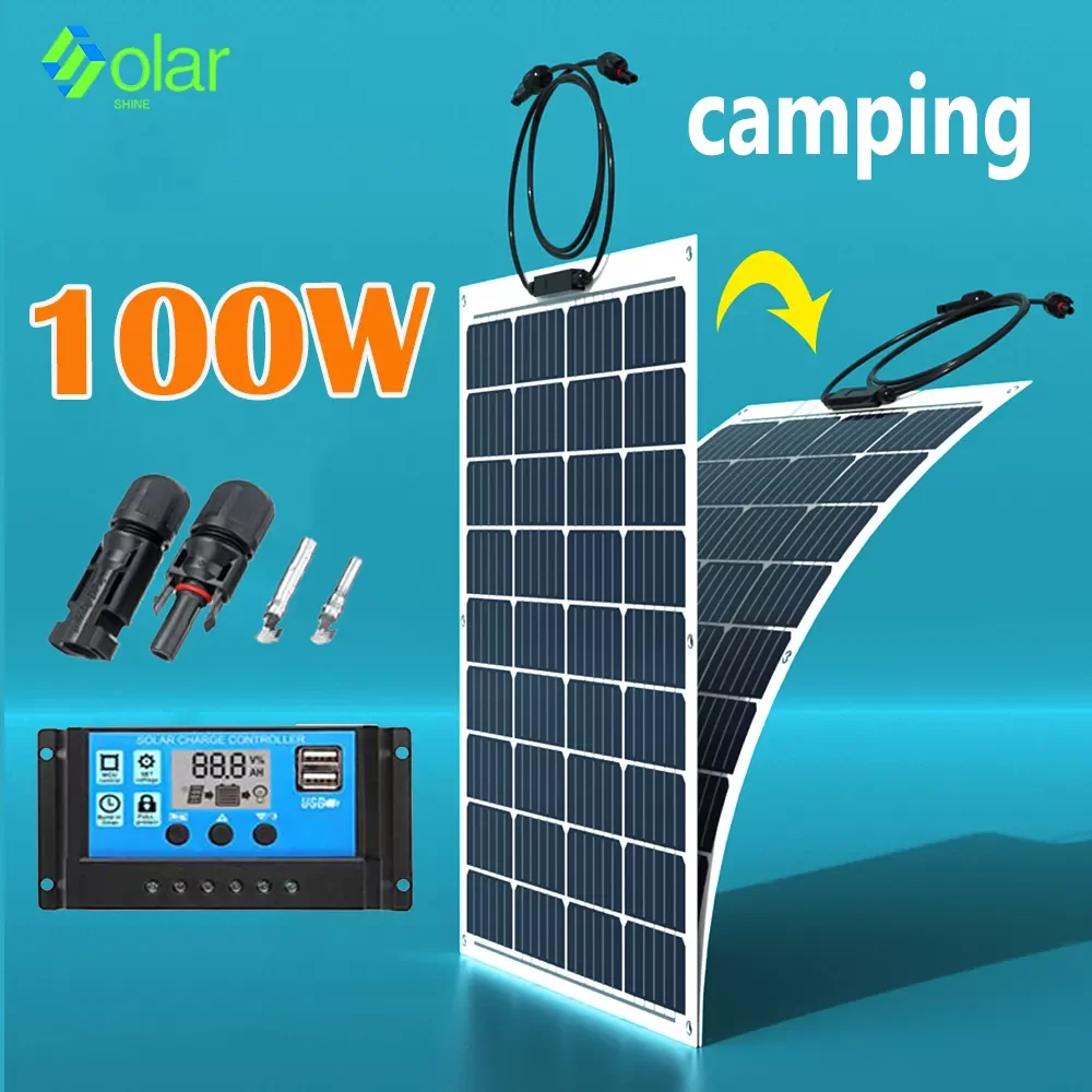 

100W Protable 12V Solar Panel Kit USB Port Charging Solar Cell Board Outdoor Battery 30A for Hiking Mobile Phone Boat Charging