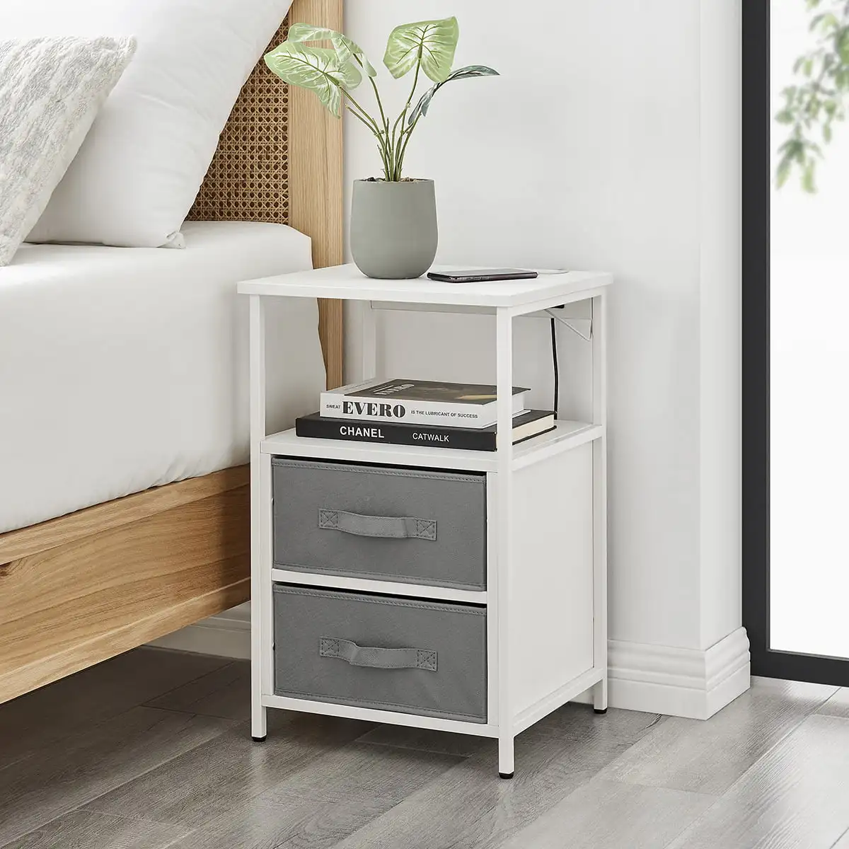 

2 Drawers Nightstand With USB Bedroom White