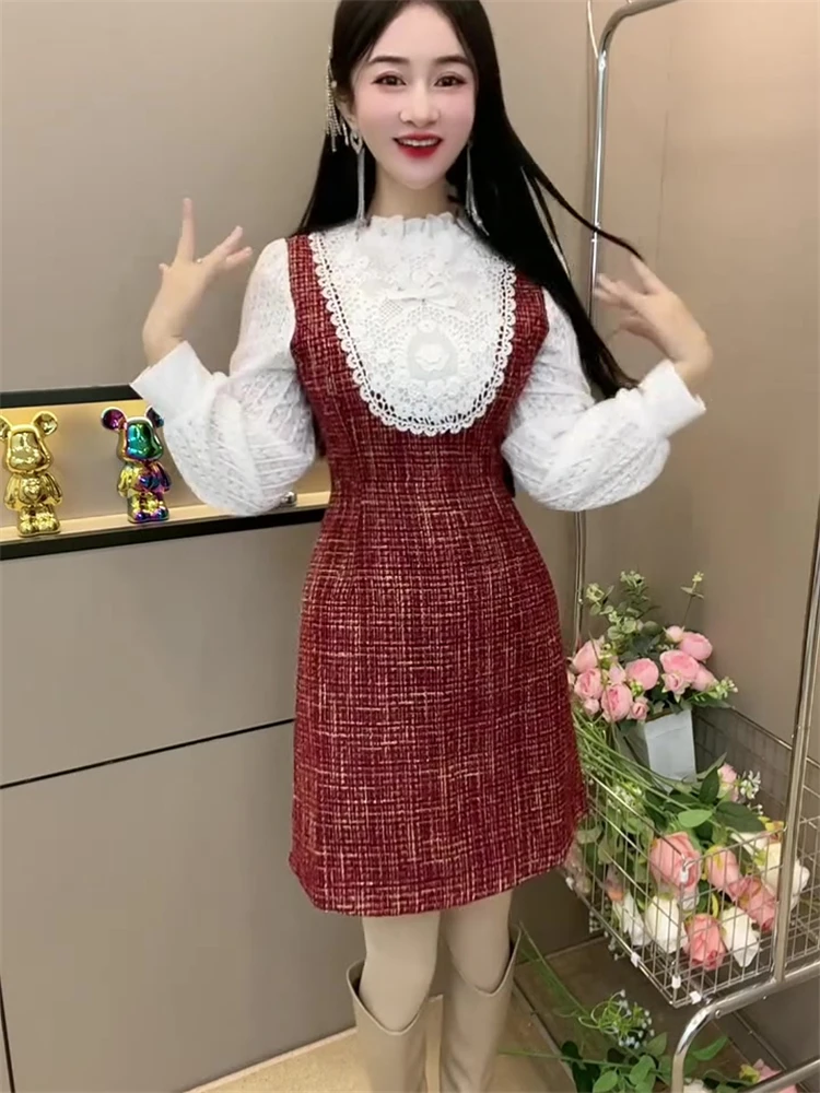 The Same Model as Online Celebri Fashion Western Sle Graceful Dress Women Winter Lace Stitching Design Waist Hugging Slim... |