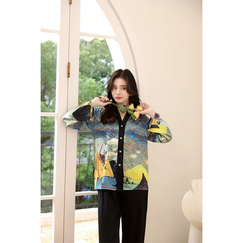 Lisacmvpnel Women's Spring New Pajama Set Ice Silk Thin Long Sleeve Suit Sleepwear 2023 New Large Size Printed Pyjamas