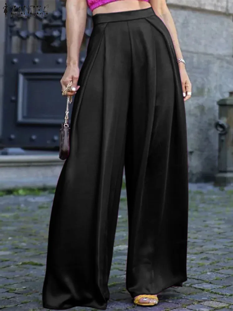 

Fashion Pleated Suits Pants Casual Solid Loose Trouses Oversized Office Lady Worek Wears ZANZEA Palazzo Pants Women Satin Pants