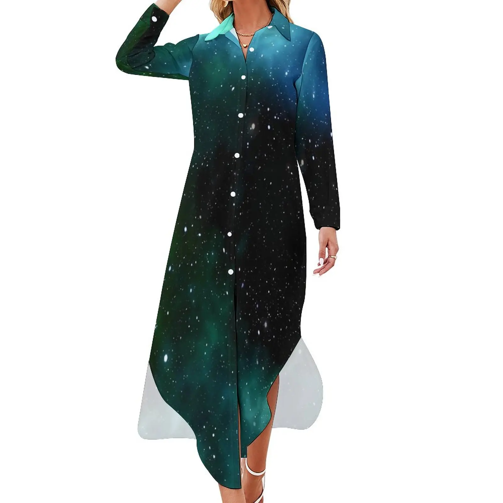 

Galaxy Nebula Casual Dress Stars Print Aesthetic Dresses Sexy V Neck Elegant Chiffon Dress Long Sleeve Vestido Big Size 5XL 6XL