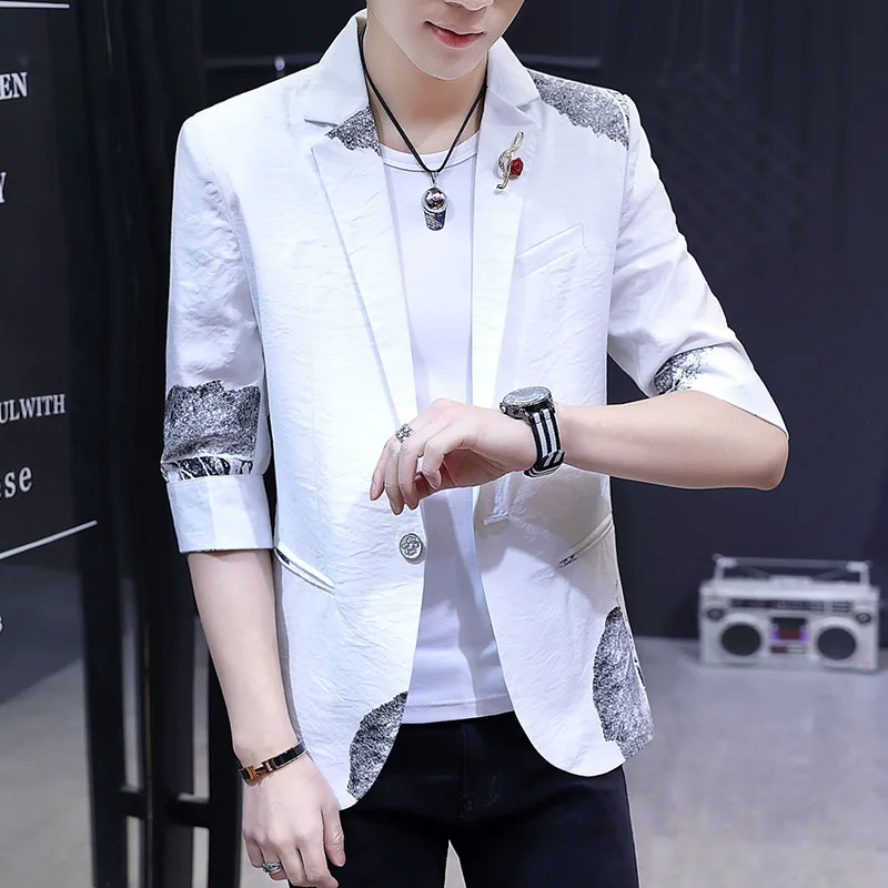 

HOO 2022 Men's Summer Cropped Sleeves blazer Youth Half Sleeve Printed Casual Thin blazer