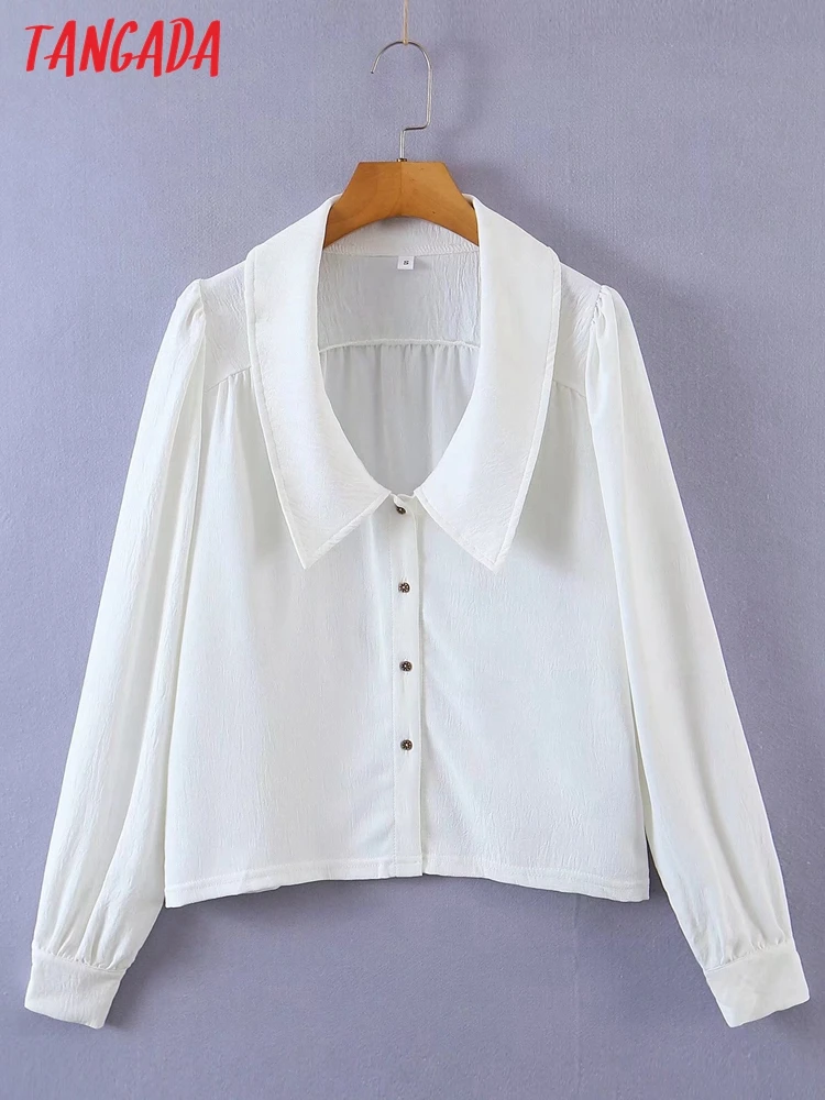 

Tangada Women Retro White Shirt Long Sleeve Peter Pan Collar 2022 Chic Female Shirt 8H42