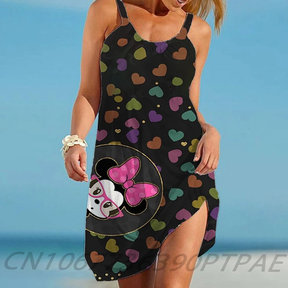 

Disney Women's Beach Dress Sleeveless Elegant Dress Cartoon Loose Sling Minnie Mouse Sexy Women's Disney Print New Nightdress