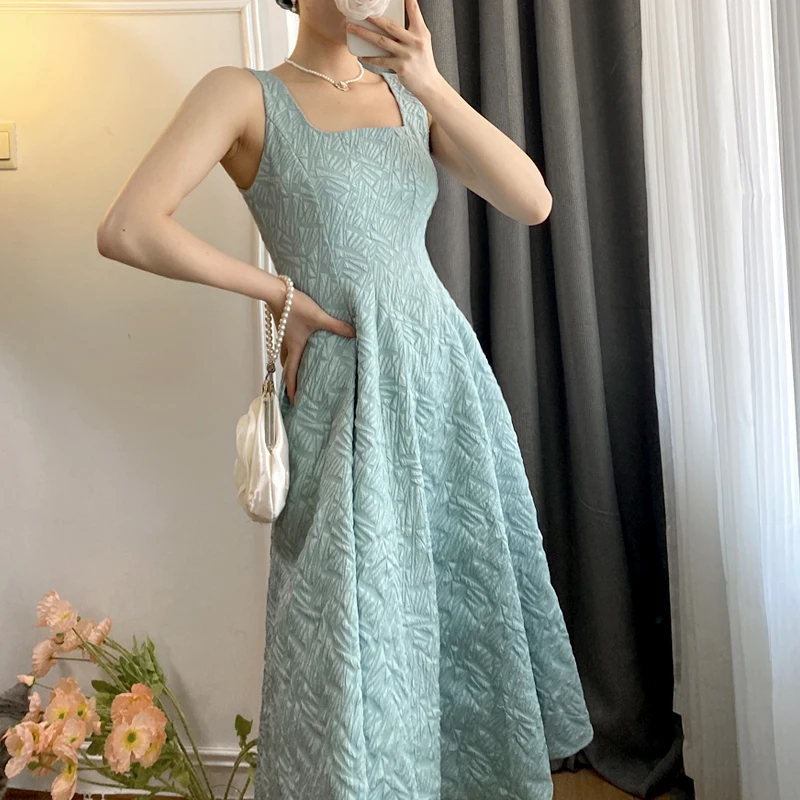 

Elegant Women's Midi Party Dress Princess Square Neck A-Line Tank Dress Korea Clothing Summer Vestidos Female Robe Spring