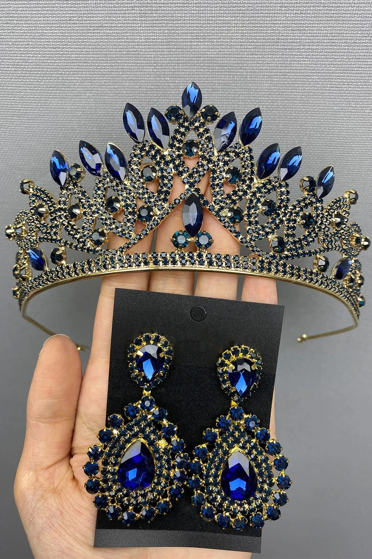 

Navy Blue Gold Bridal Henna Tiara and Earrings