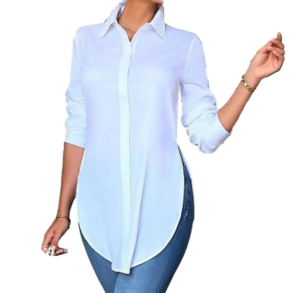 

Top Women Shirt Lapel Long Sleeve Shirt Tops Side Split Asymmetrical Hem Solid Color Single Breasted Casual Tunic Shirt Workwear