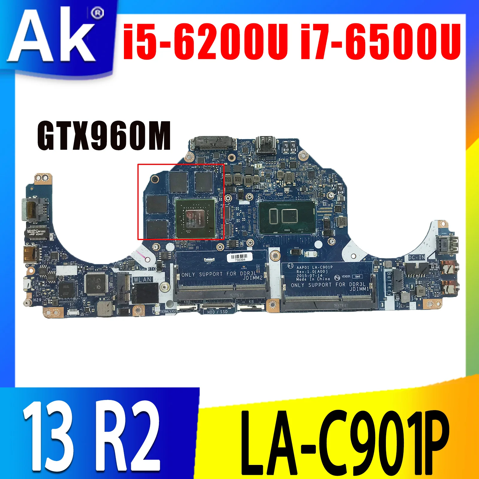 

For Dell alienware 13 R2 laptop motherboard LA-C901P motherboard CPU I5 6200U i7-6500U GPU GTX960M Mainboard CN-0VC62V CN-0V3TCJ