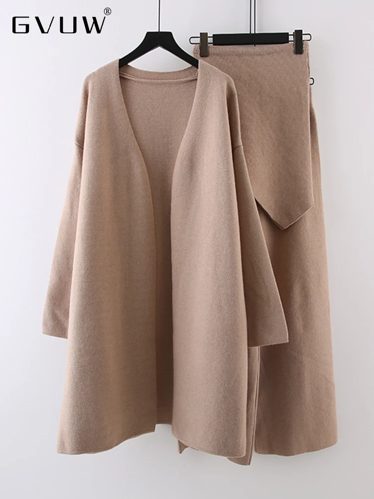 

GVUW 2023 Autumn New Knitted Three Piece Set Women's V-neck Long Sweater Coat Irregular Bra Wide Leg Pants Casual Female 17G2147