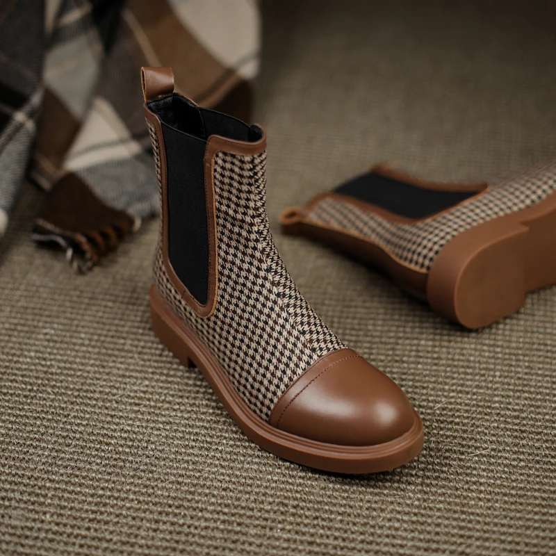 

2022 new autumn and winter Women ankle boots natural leather plus size 22-25.5CM cowhide+Plaid fabric French retro Chelsea Boots