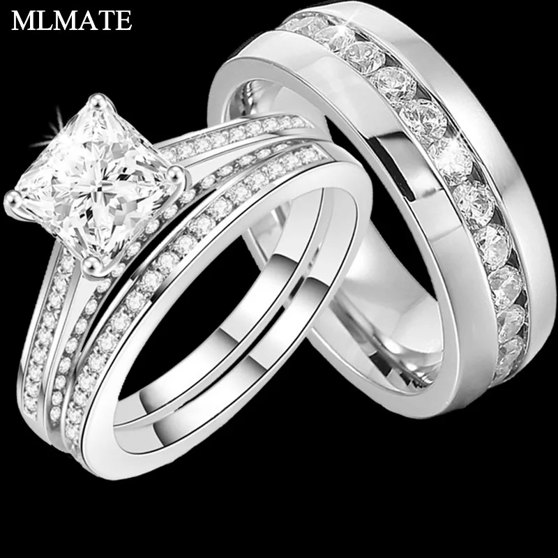 

His and Hers Rings Stainless Steel CZ Matching Eternity Wedding Band Ring Set