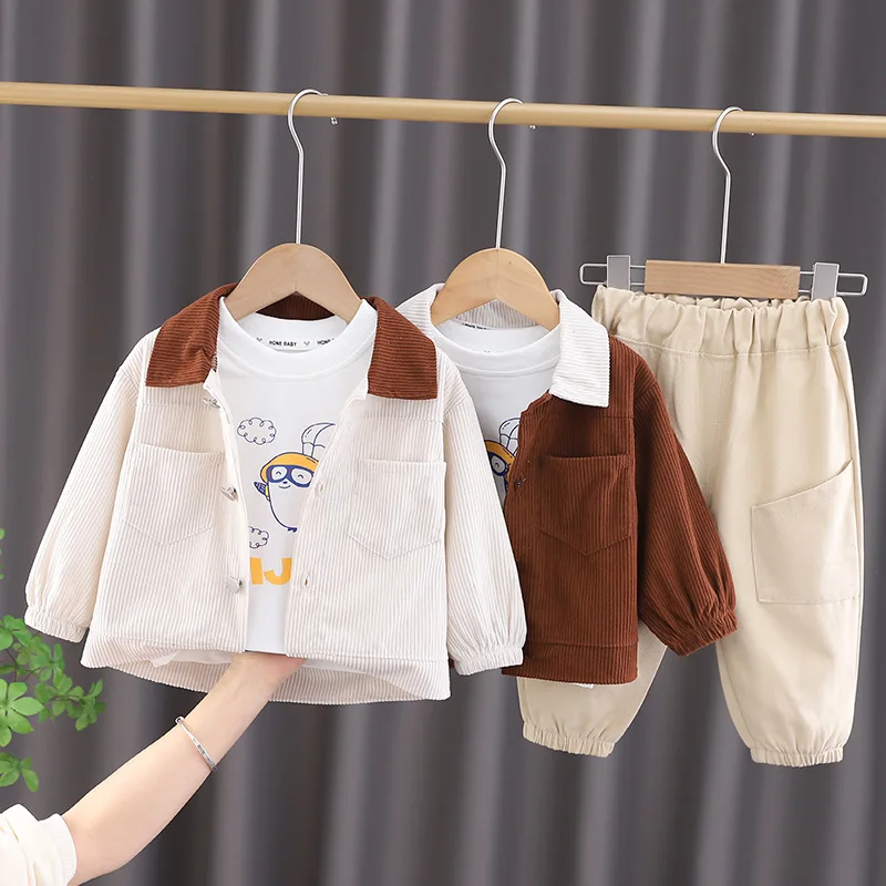 

Larua Kors, новинка 2023 года, корейский комплект одежды, весенний хлопковый комплект из 2 предметов с длинным рукавом и круглым вырезом, с мультяшным принтом, коричневый, одежда для мальчиков 12M-5T
