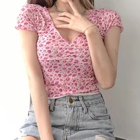 2021 new fashion summer women v neck pink floral short sleeved t shirt sweet y2k waist slimming short cropped womens clothing