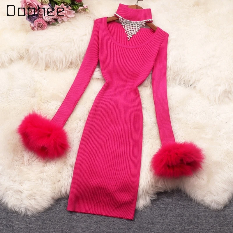 

Осенне-зимнее женское новое платье в Корейском стиле с круглым вырезом и пушистыми рукавами женское Облегающее вязаное платье с высокой та...