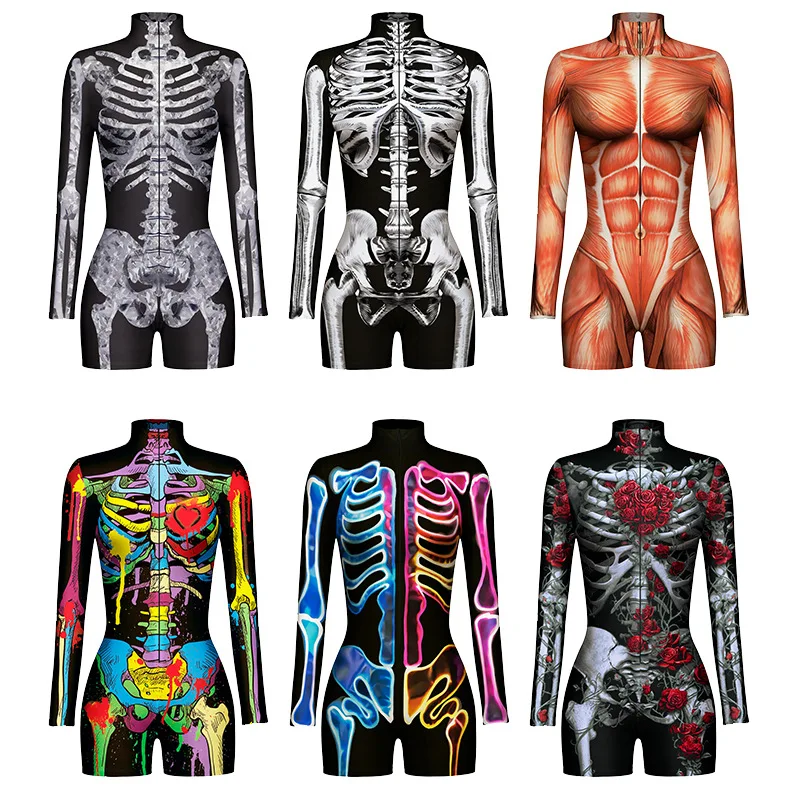 

Halloween Skeleton 3D Print Jumpsuit Long Sleeve Women's One-piece Shorts Cosplay Costumes Novelty Sexy Slim Carnival Party Set