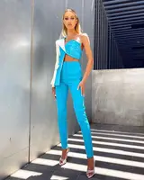 The New Summer Blue Color Women Sexy One-Shoulder Strapless Hollow Out 2 Piece Suit Celebrate Red Carpet Suit High Quality