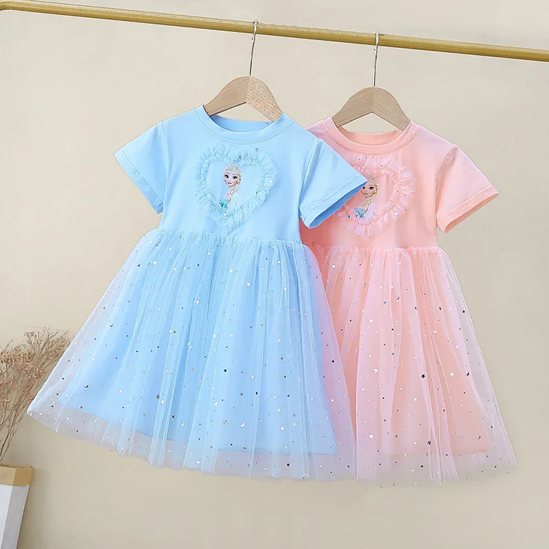 

Summer Breathable Dresses Frozen Cartoon Blue Pink Clothes Trendy Novelty Lace Love Heart Elsa Princess Dress for Girls 2-8Y