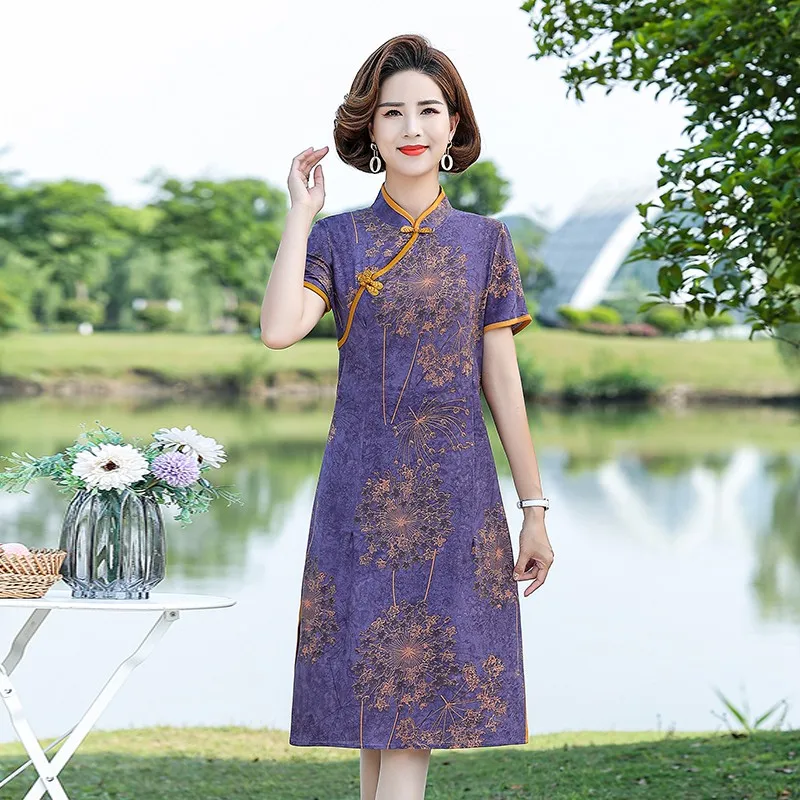 

Vintage summer Women Cheongsam Dress Female short sleeve Dress Casual Print middle-aged Dress