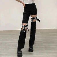 y2k new chic trend bow hole womens high waist pants independent aesthetics casual straight street wear elegant e girl pants