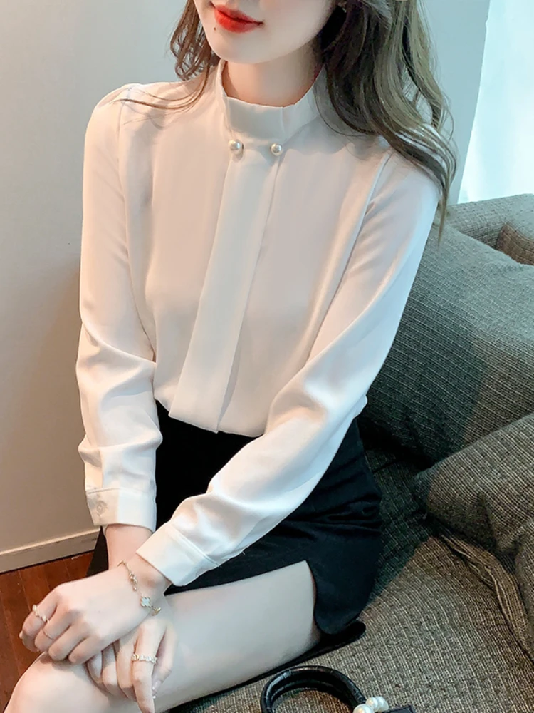

White Women Shirts Blouses Chiffon Long-sleeved Blouse Office Lady Beaded Ladies Tops Embroidered Flares Fashion Female Clothing