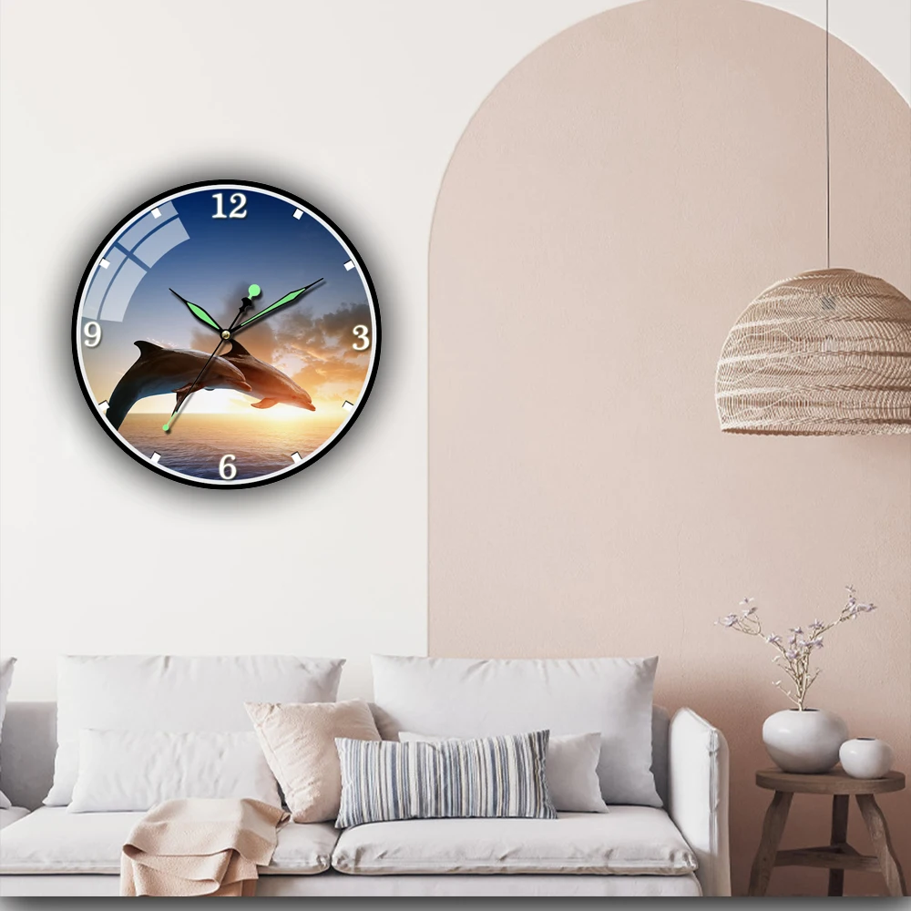 

Настенные часы с изображением дельфина, морских синих птиц, облаков, для девочек, мальчиков, спальни, ванной, кухни, гостиной, офиса