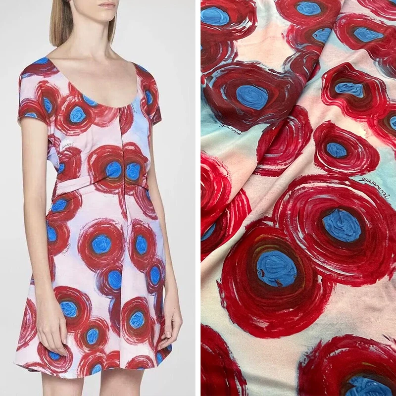 

Европейский и американский бренд большой красный синий круглый дизайн женское платье на заказ цифровая печать ткань