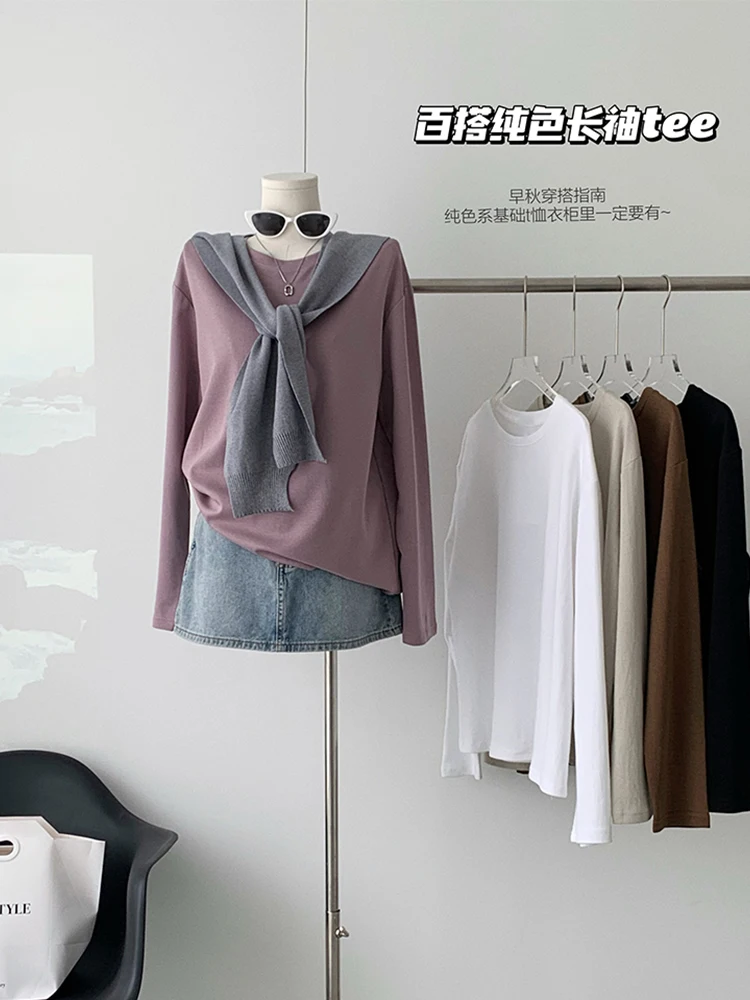 

Autumn Winter O-Neck Basic Simple Long Sleeved T-shirts All-match Casual Tops Y2K Hot Streetwear Tees Solid Color High Street