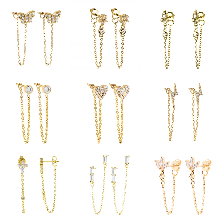 

1Pair Gold Silver Color Chain Stud Earrings for Women Flower Cross Zircon Long Chain Tassel Piercing Earrings Ear Rings Jewelry