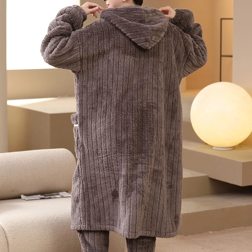 Men Coral Fleece Robe Set Winter Plus Size Kimono Thick Warm Bathrobe Flannel Men Robe Cold Pijama Hombre Cardigan Robes Gown