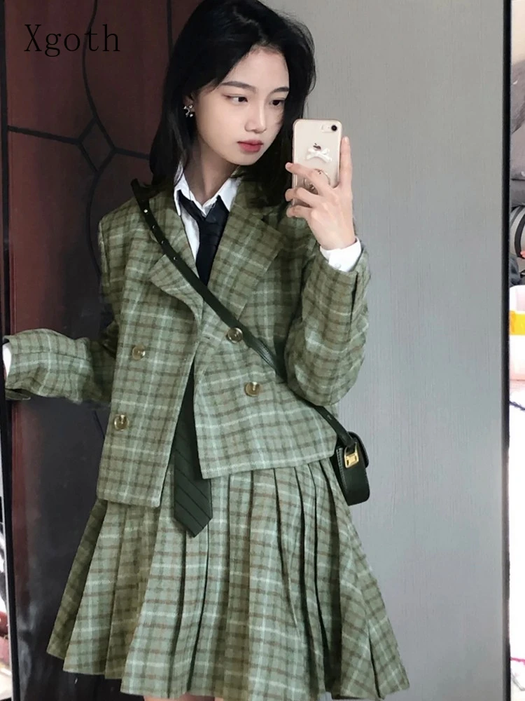 

Xgoth Blazer Suit Skirt 2pcs Suits 2022 Early Spring Japan Preppy JK Jacket + Sweet Pleated Skirt Dark Green Plaid Two-piece Set