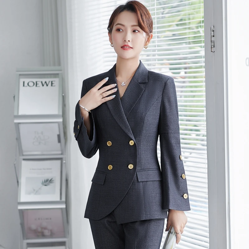 Formal Ladies Blazer Women Business Suits with Sets Work Wear Korea Office Uniform Dark Blue 2-piece Large Size Pants Jacket Set
