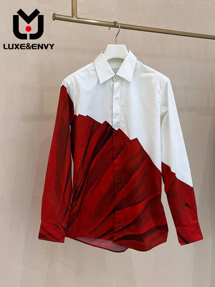 

LUXE&ENVY Westernized Age Reducing Top Design Sense Niche Small Fragrance Red Three-dimensional Printed Shirt 2023 Autumn