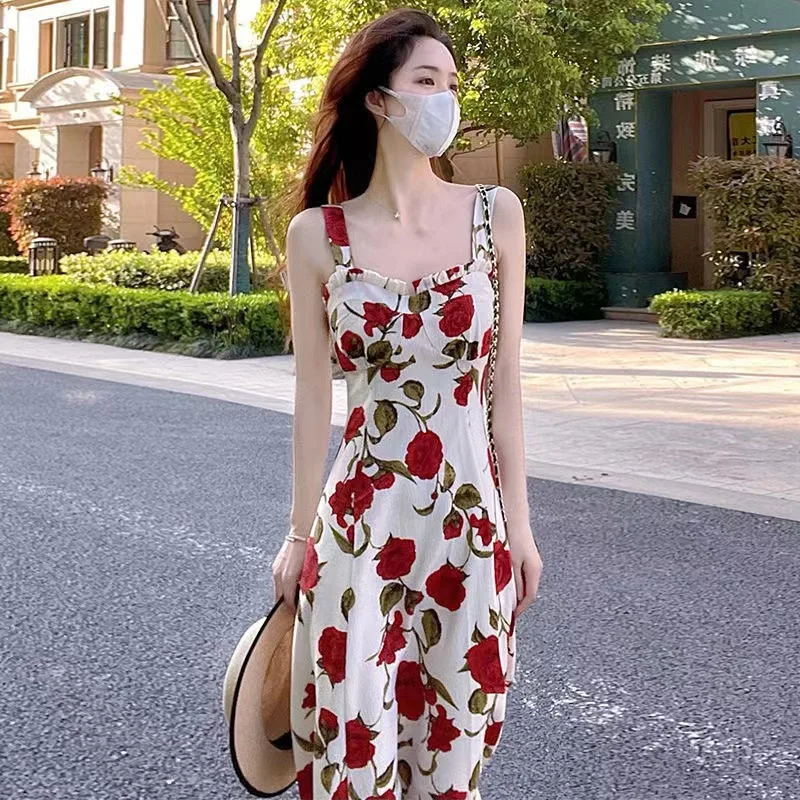 

Женское платье средней длины, розово-красное платье на бретельках в стиле ретро, весна-лето