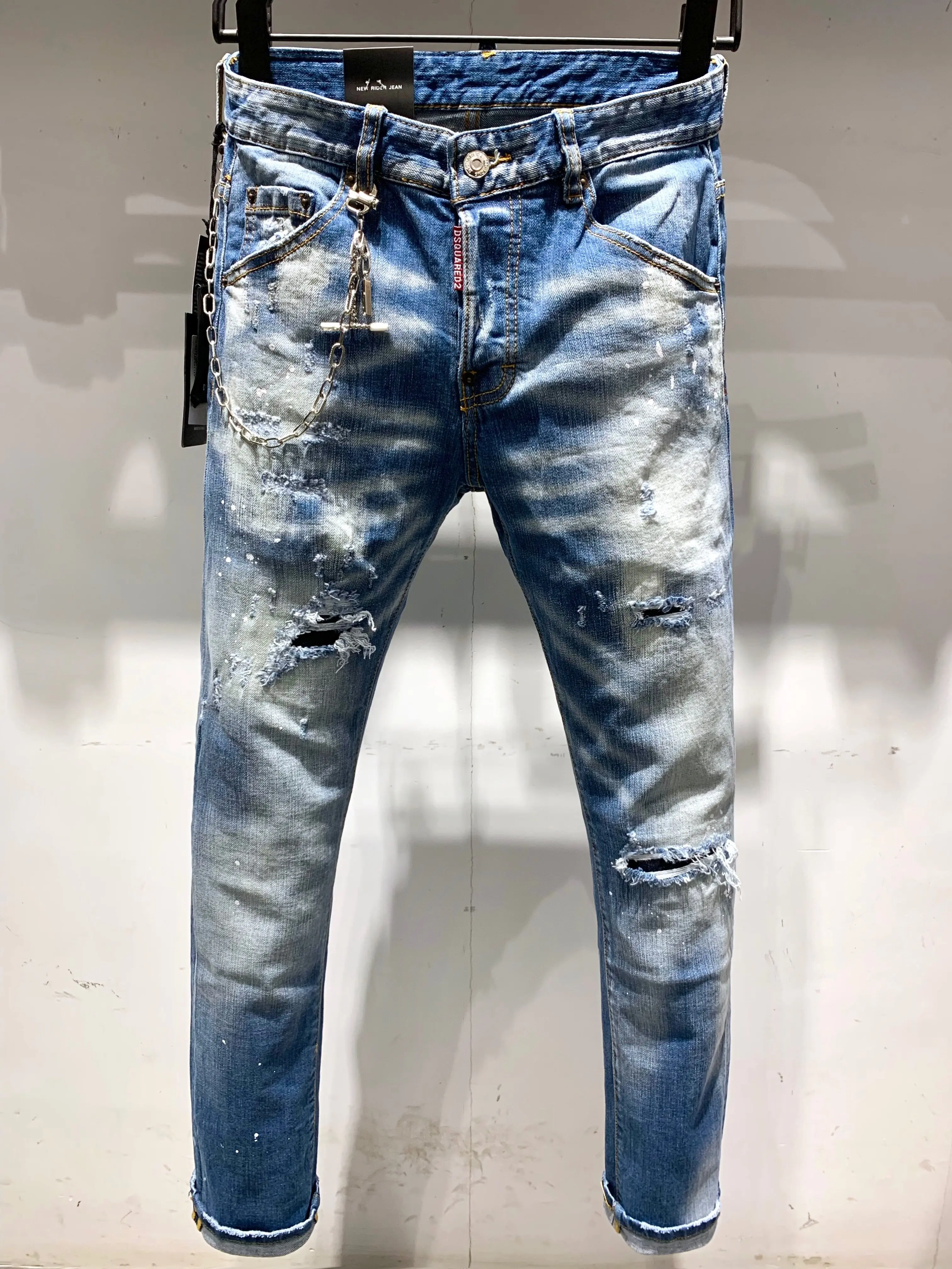 New D2 Chain Design Couple Washed Jeans Dsquared2 Fashion Ripped Jeans Boyfriend Gift Distressed Streetwear Sizes 46-52 9629