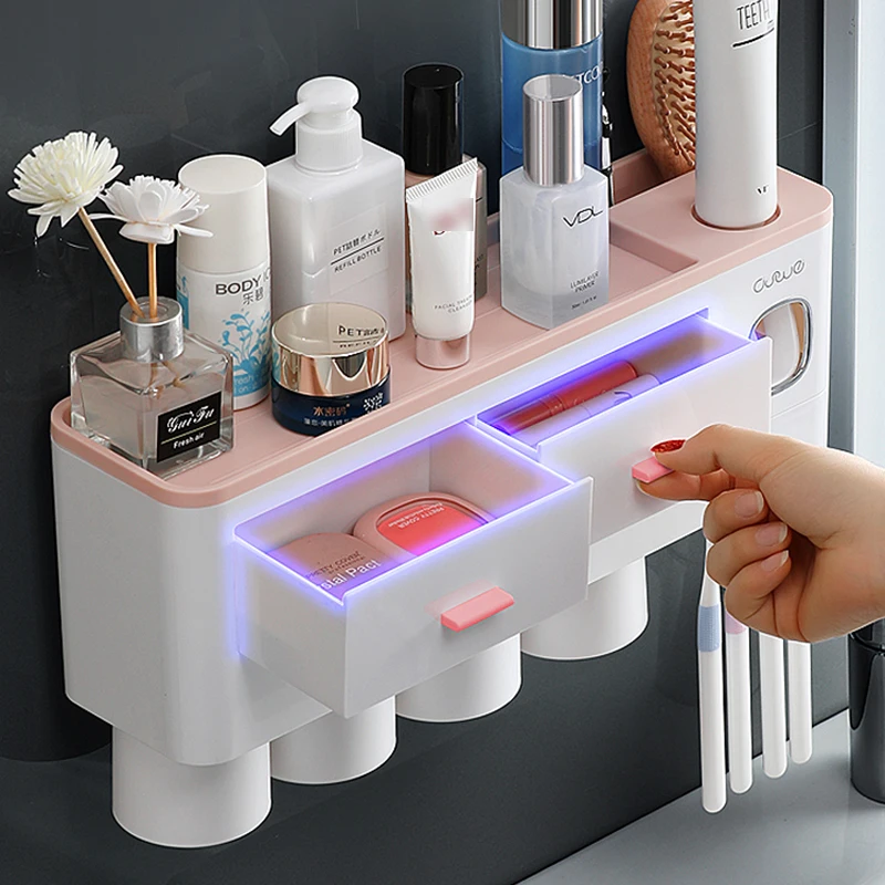 magnetic adsorption inverted toothbrush holder automatic toothpaste dispenser with cup toothpaste bathroom accessories set free global shipping