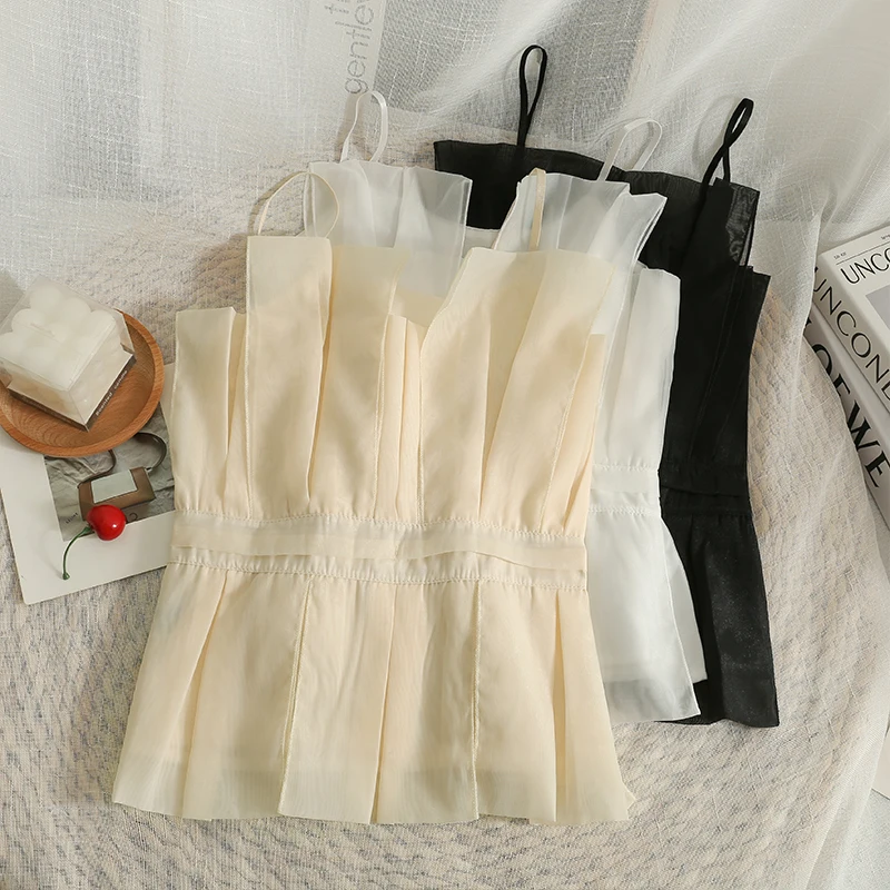

mesh pleated corset bustier high waist fashion sweet tanks and camis korean sexy slim crop top with straps summer women clothes