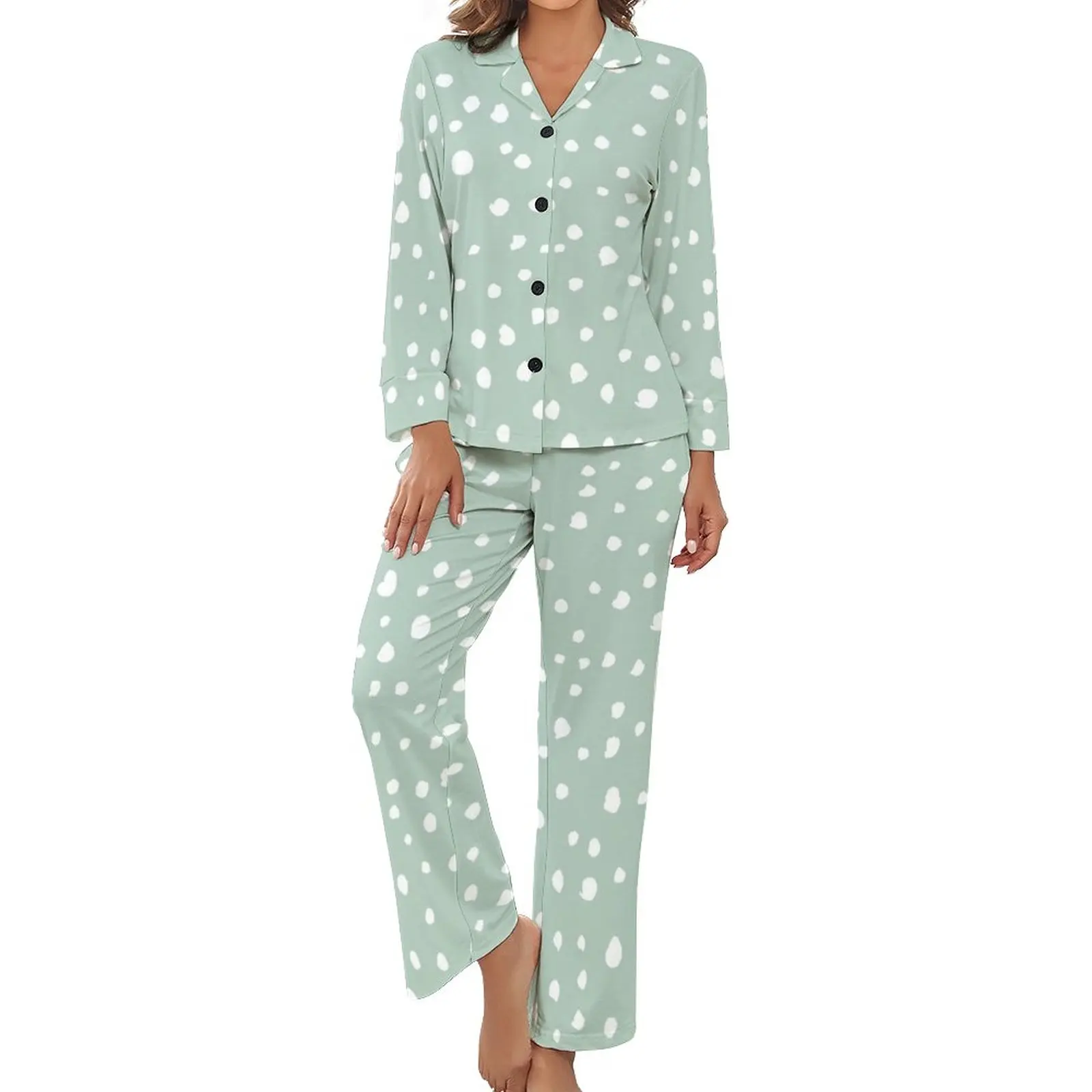 

Dalmatian Spots Pajamas Long Sleeve White Dots Print Two Piece Casual Pajama Sets Autumn Womens V Neck Trendy Nightwear
