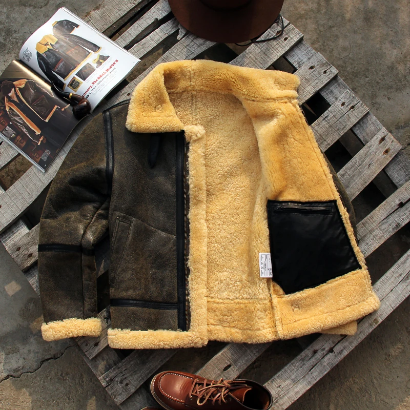 2024 теплая мужская кожаная куртка винтажная овечья шерсть классическое зимнее