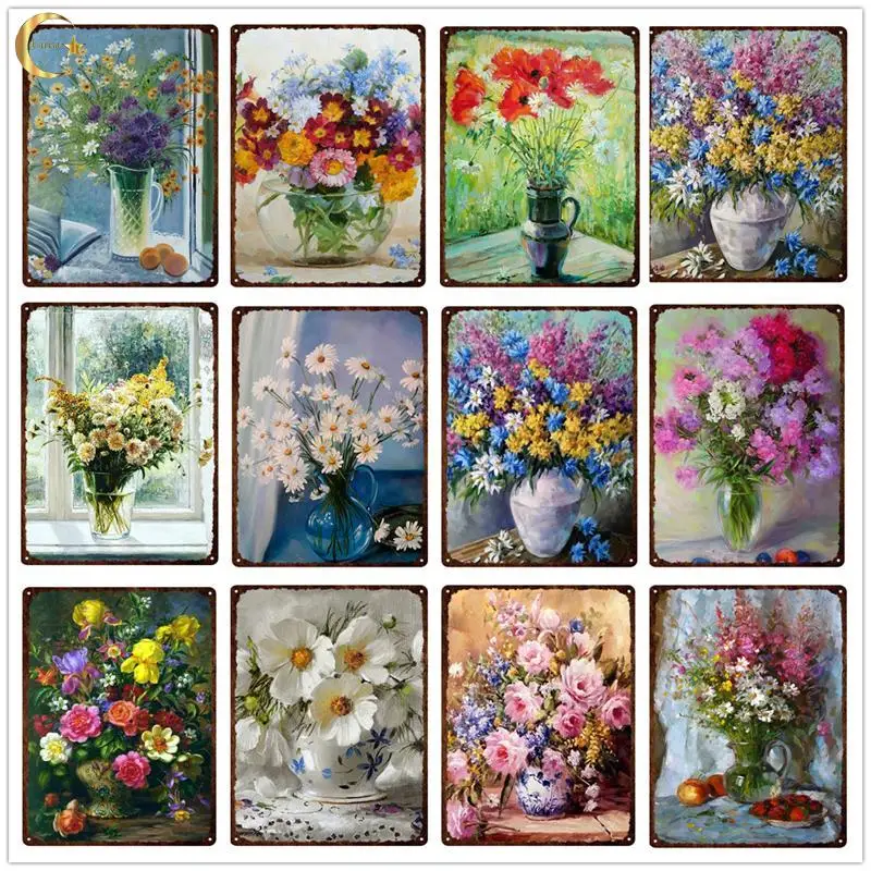 

Flower Vintage Tin Sign Home Decor Retro Metal Sign Shabby Chic Wall Decor for Kitchen Living Room Dining Room Metal Plate