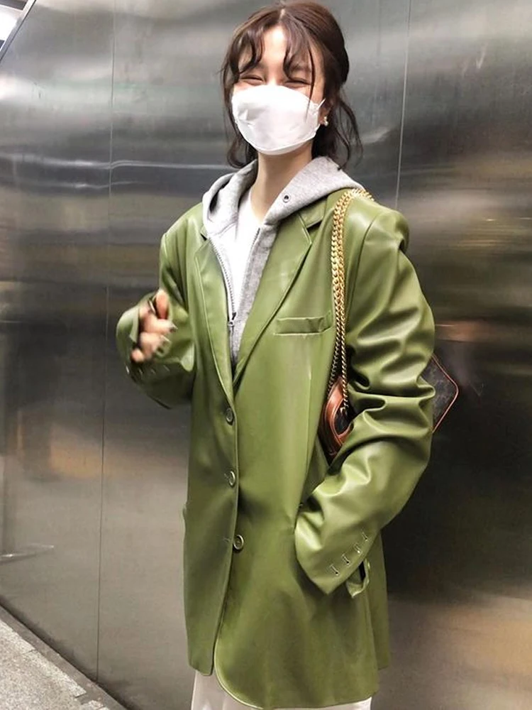 QOERLIN PU Faux Leather Jacket Women Loose Casual Biker Jackets with Pockets Outwear Female Tops BF Style Green Long Jacket Coat