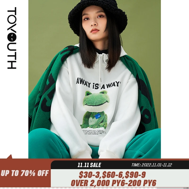

Toyouth Women Sweatshirts with Hat 2021 Winter O Neck Loose Hoodies Frog Print Cotton Lined Casual Chic Pullovers