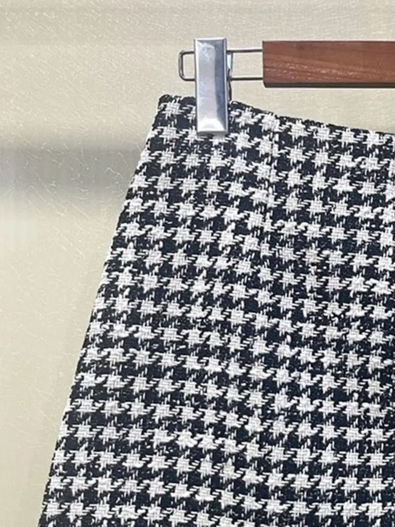 

Women Tweed Houndstooth A-Line Skirt Pleated Hem 2022 Summer New High Waist Lady Fashion Package Hip Short Jupe
