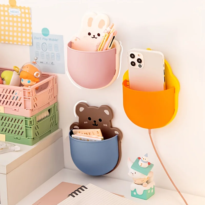 

Wall-mounted Mobile Phone Charging Box Cartoon Self-adhesive Storage Box Pen Pencil Holder for Markers Writing Desktop Organizer