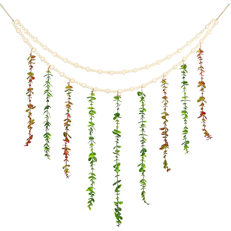 

Hanging Eucalyptus Boho Wall Decor DIY Photo Storage Wall Hanging Wood Bead Garland Faux Eucalyptus Bedroom Decor