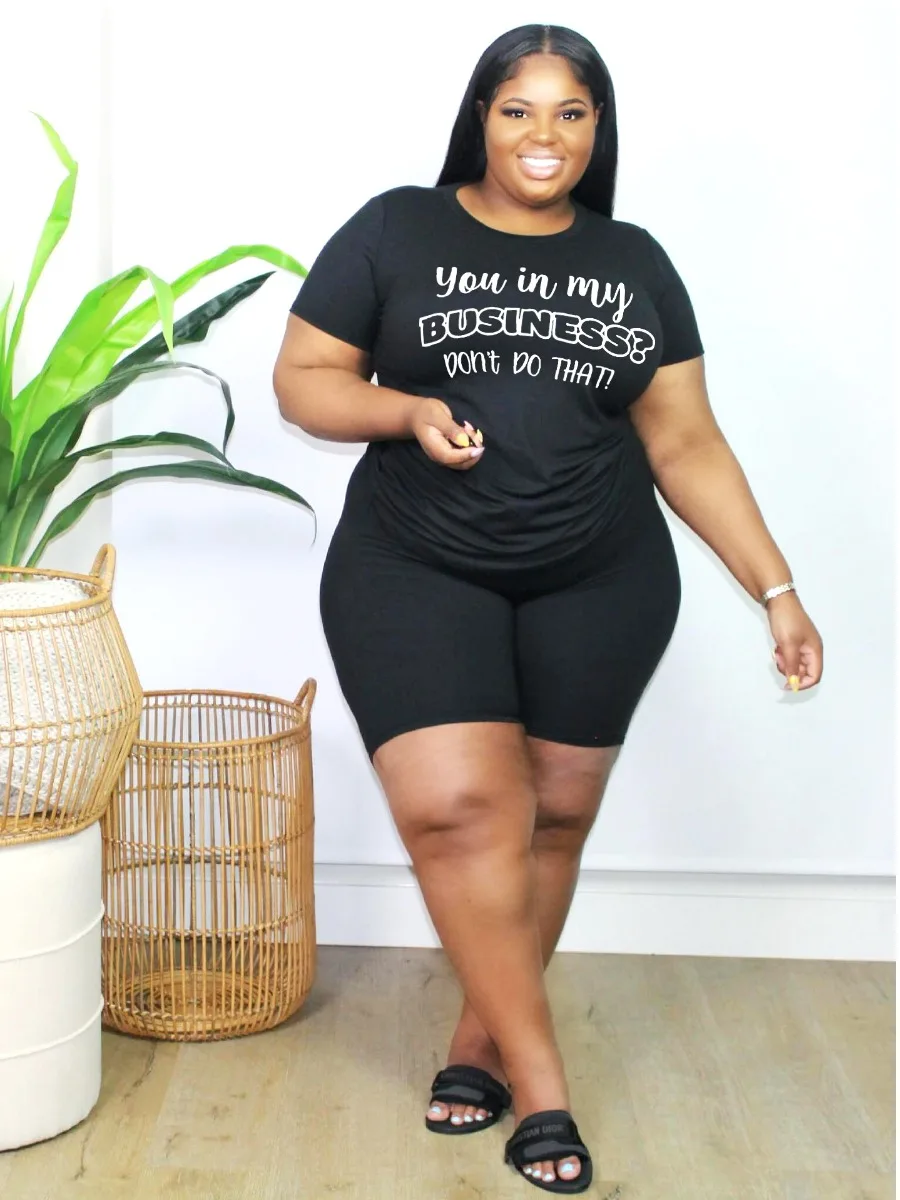 

LW Plus Size Shorts Set Round Neck Letter Print Casual Women Active Female Polyester Casual Matching Outfit