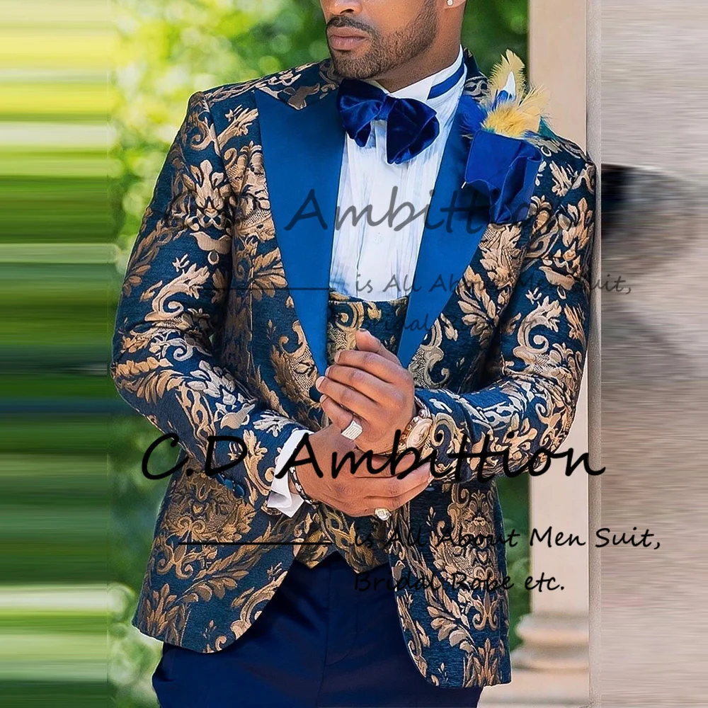 

Tailor Made Man Golden Jacquard Men Suit Set Wedding Luxury 2023 Elegant Tuxedo Blazer Set 3 Piece Slim Fit Costumes Homme