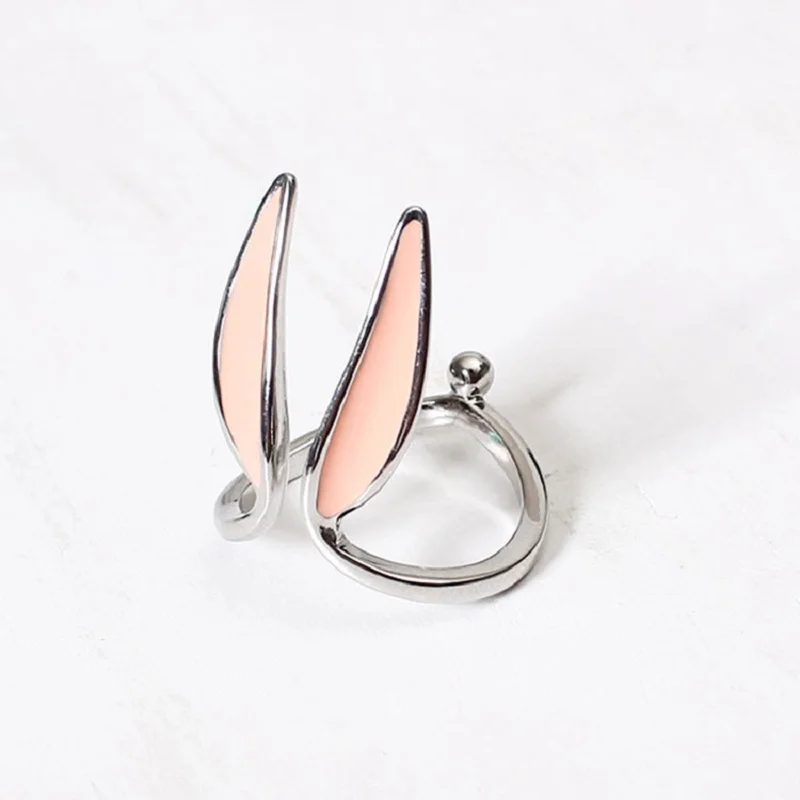 

TULX Sweet Pink Epoxy Rabbit Ear Open Rings For Women Silver Color Jewelry Lovely Long Ear Party Finger Cuff Jewelry Girls Gifts