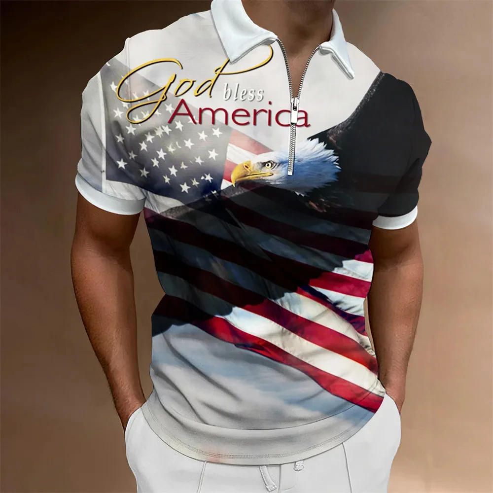 T-shirts Men Clothes Polo Shirts Street American Flag Print Casual Short Sleeve Tops Shirt New Turn-down Collar Zipper Clothing